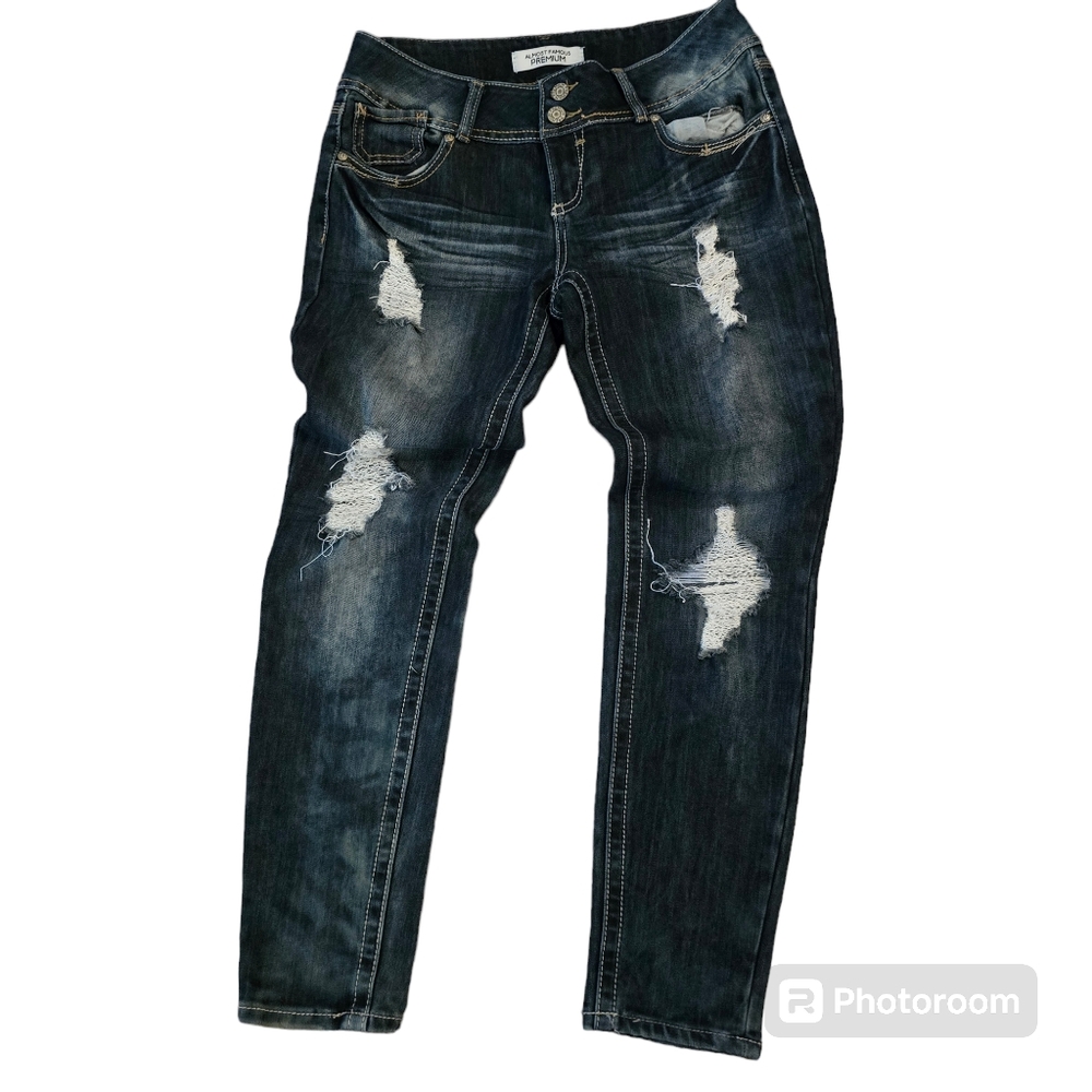 Almost Famous Distressed Dark Wash Jeans with Embellished Pockets Women's 9 0213